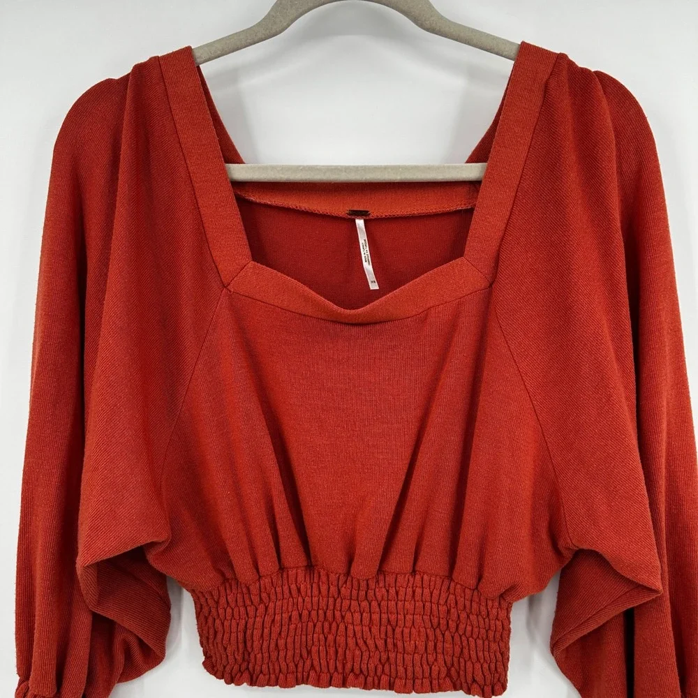 Free People Smocked Balloon Sleeve Square Neck‎ Crop Top Rust Orange XS Earthy